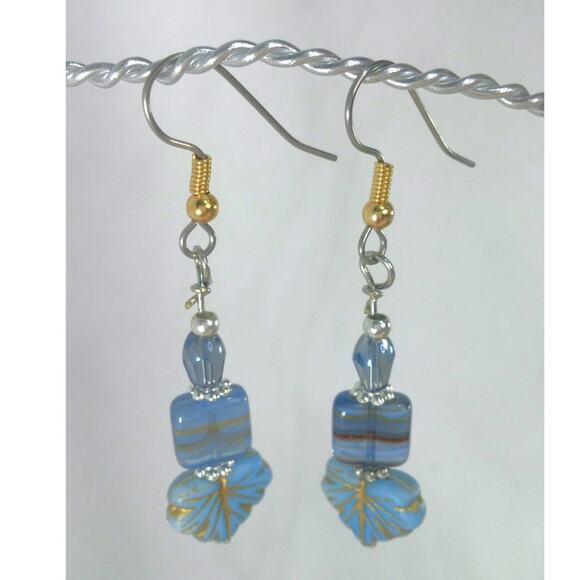 Artisan Blue Fall Glass Earrings Dangle Autumnal Silver Tone Accents Beaded NEW - Picture 8 of 10